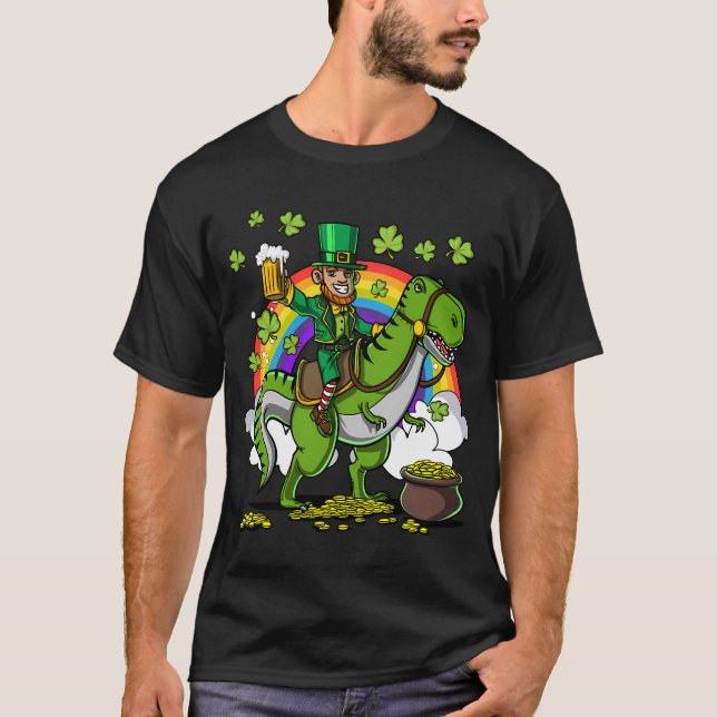 Leprechaun Riding T-Rex Dinosaur T-Shirt (Front)