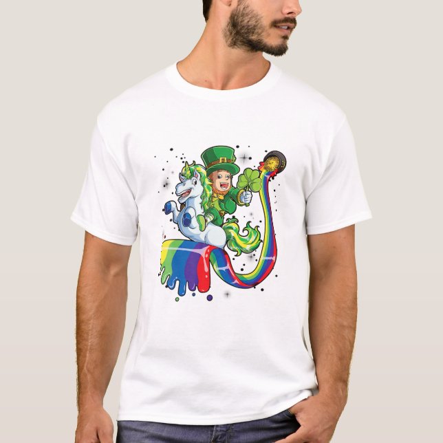 Leprechaun Riding Unicorn Irish Rainbow St Patrick T-Shirt (Front)