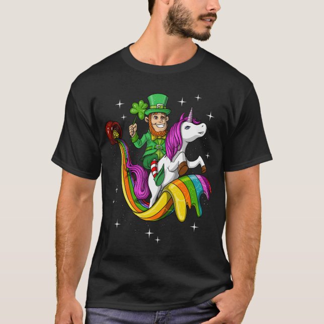 Leprechaun Riding Unicorn St Patricks T-Shirt (Front)