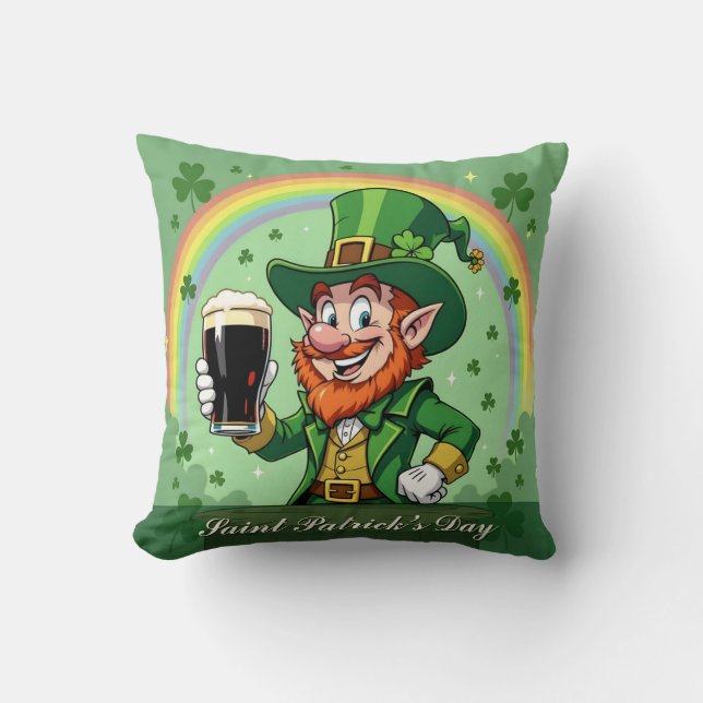 Leprechaun’s Cheers Beneath the Rainbow Throw Pillow (Front)