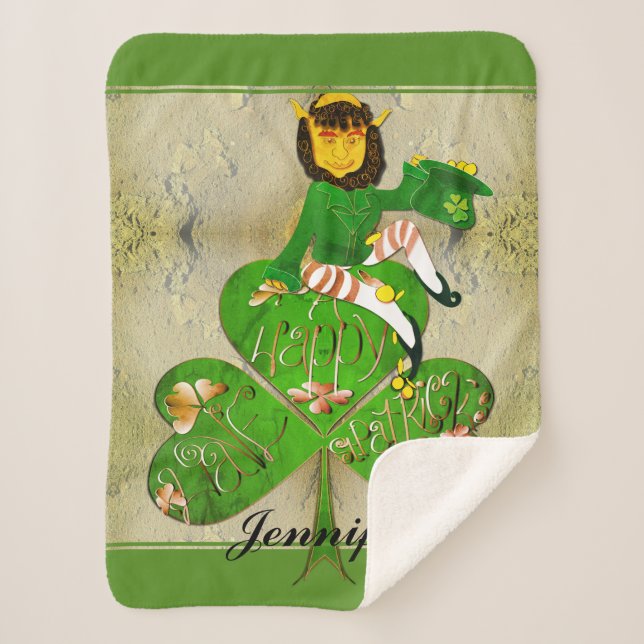 Leprechaun Shamrock "Happy St. Patrick's" Sherpa Blanket (Front)