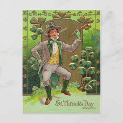 Leprechaun Shamrock Shillelagh Clay Pipe Postcard