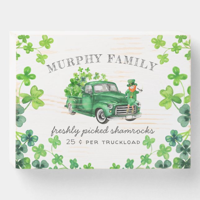Leprechaun Shamrock Truck | Family Name Wooden Box Sign (Front Horizontal)