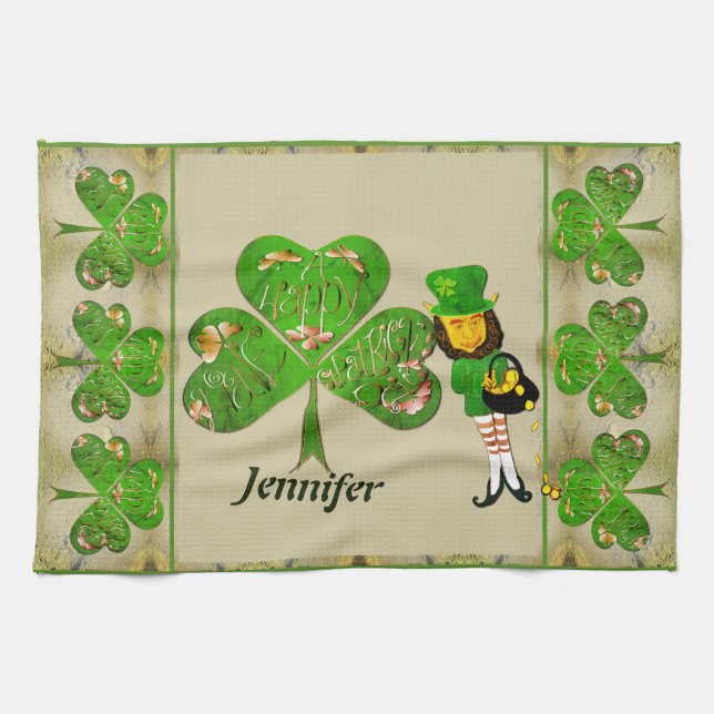 Leprechaun Shamrocks Grey Kitchen Towel (Horizontal)