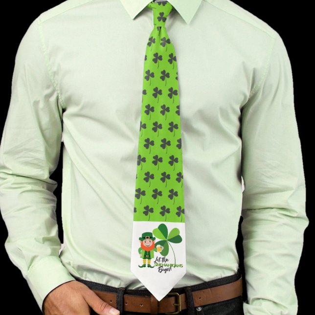 Leprechaun St Patrick’s Day Shamrocks Shenaningans Neck Tie (In situ on a light green shirt)