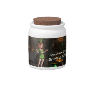 Leprechaun Toon Girl Next to the Pot of Gold Candy Jar