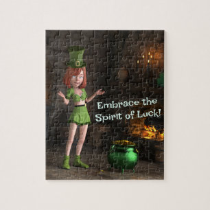Leprechaun Toon Girl Next to the Pot of Gold Jigsaw Puzzle