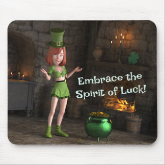 Leprechaun Toon Girl Next to the Pot of Gold Mouse Pad
