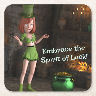 Leprechaun Toon Girl Next to the Pot of Gold Square Paper Coaster