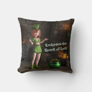 Leprechaun Toon Girl Next to the Pot of Gold Throw Pillow