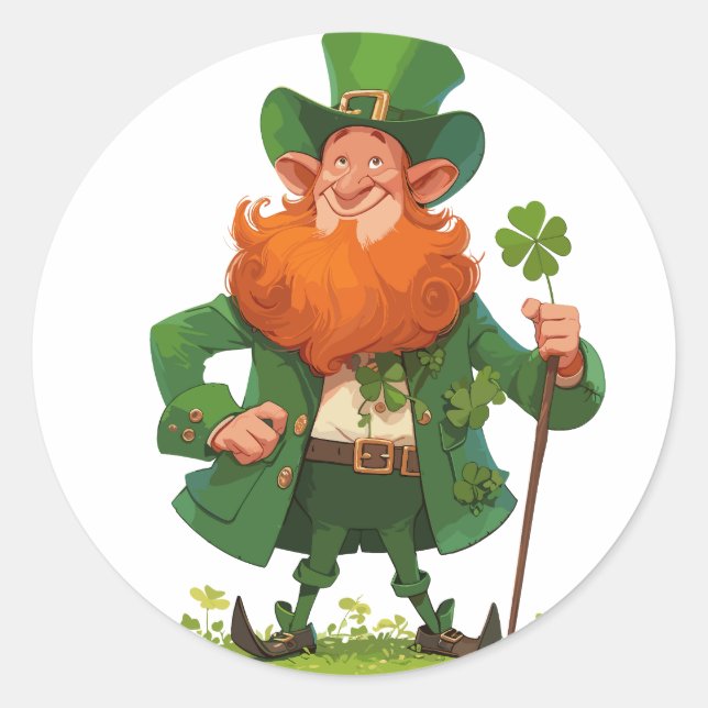 Leprechaun with Clover Staff Classic Round Sticker (Front)