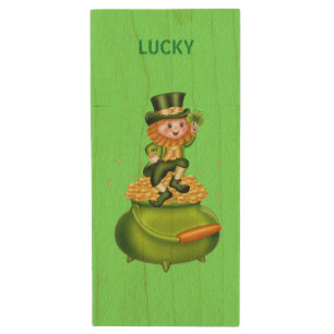 Leprechaun with shamrock & pot of gold on green wood flash drive