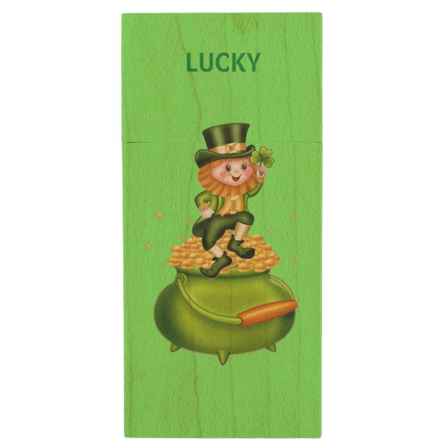 Leprechaun with shamrock & pot of gold on green wood flash drive (Front Vertical)