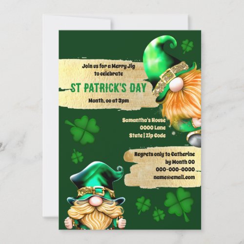 Leprechauns cute gnomes gold green clovers holiday invitation