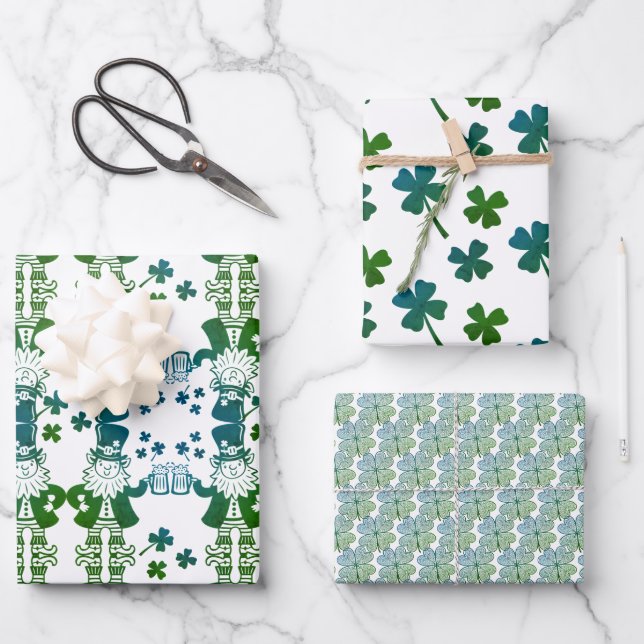Leprechauns Lucky Irish 4 leaf Clovers Wrapping Paper Sheets (Front)