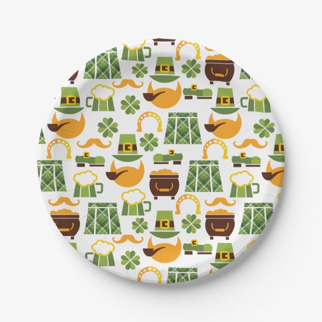 Leprechauns, Shamrocks, Gold, Horseshoes Pattern Paper Plates (Front)