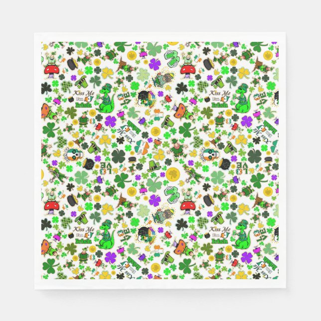 Leprechauns Shamrocks Gold Mushrooms Kiss Me Irish Napkins (Front)