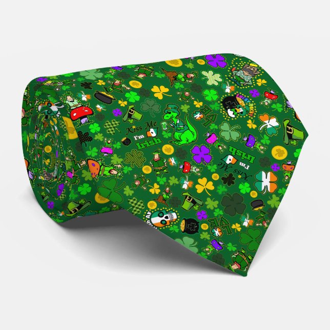 Leprechauns Shamrocks Gold Mushrooms Kiss Me Irish Neck Tie (Rolled)
