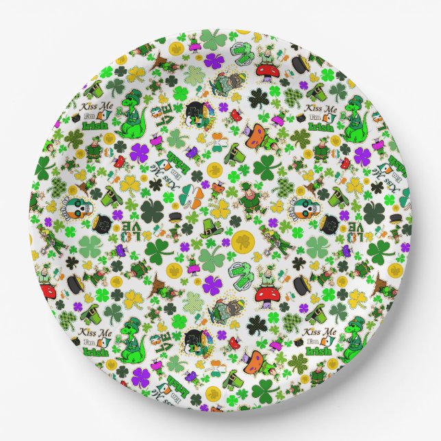 Leprechauns Shamrocks Gold Mushrooms Kiss Me Irish Paper Plates (Front)