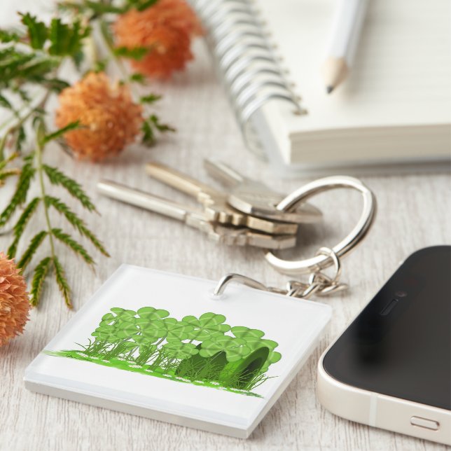 Leprechaun's Top Hat Lying in Field of Shamrocks  Keychain (Front Right)
