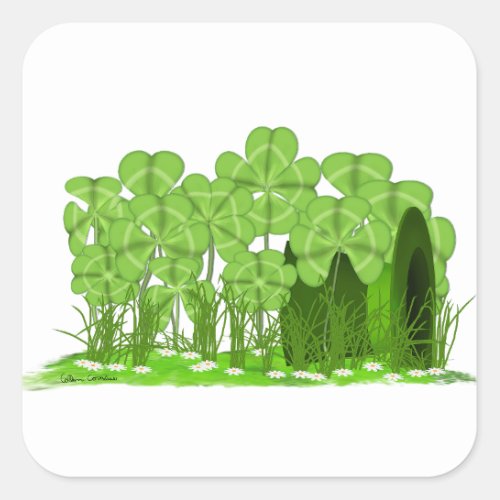 Leprechauns Top Hat Lying in Field of Shamrocks  Square Sticker