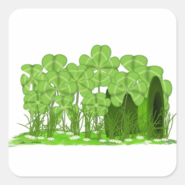 Leprechaun's Top Hat Lying in Field of Shamrocks  Square Sticker (Front)