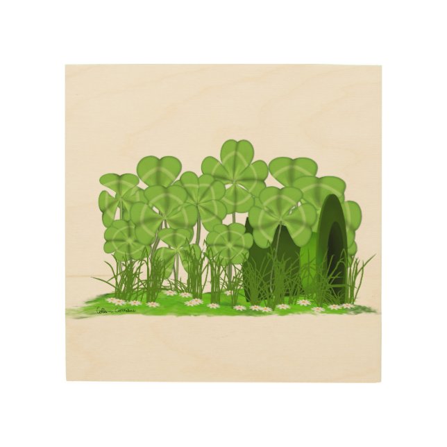 Leprechaun's Top Hat Lying in Field of Shamrocks Wood Wall Art (Front)