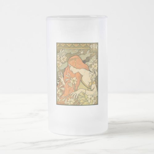 LErmitage French Nouveau Woman in Field of Flower Frosted Glass Beer Mug