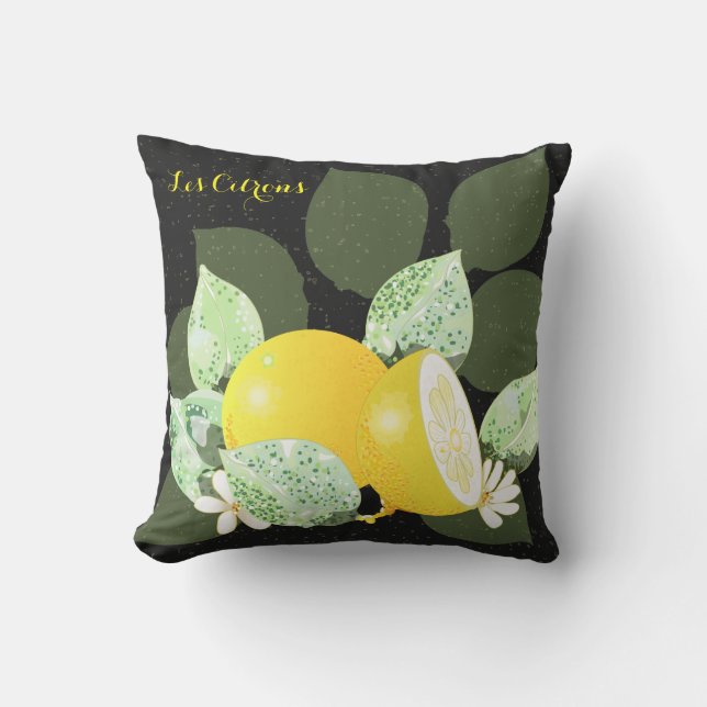 Les Citrons Black Throw Pillow (Front)