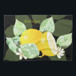 Les Citrons Kitchen Towel<br><div class="desc">Lemons nestled in variegated green leaves on a black and green speckled background.</div>