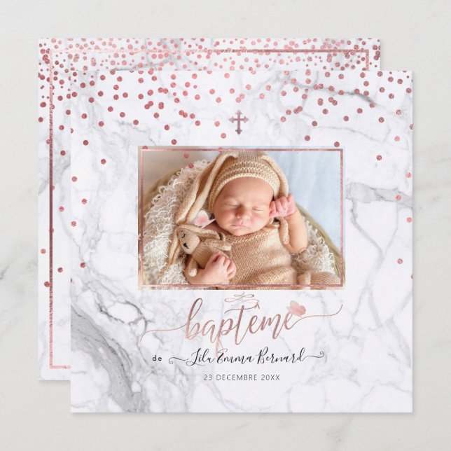 Les confettis d'or rose Faire-part de Baptême Invitation (Front/Back)