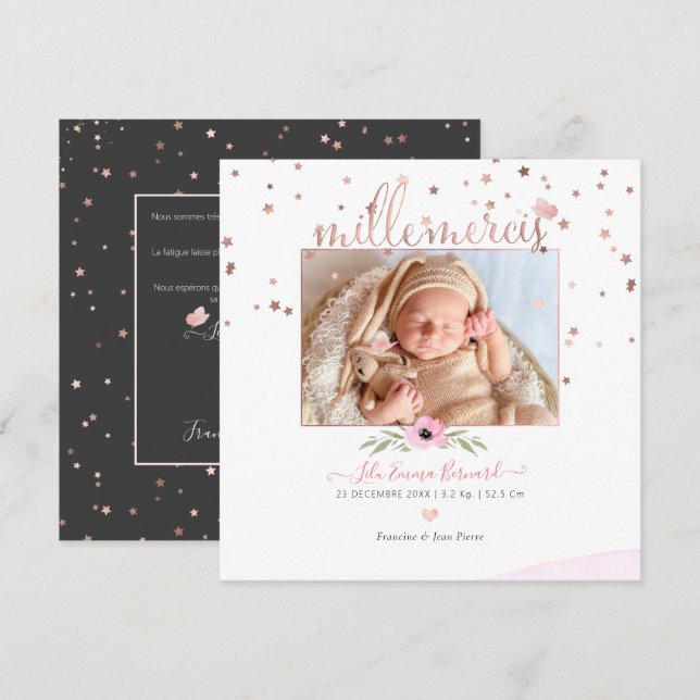 Les etoiles d'or rose Remerciement Naissance Fille Invitation (Front/Back)