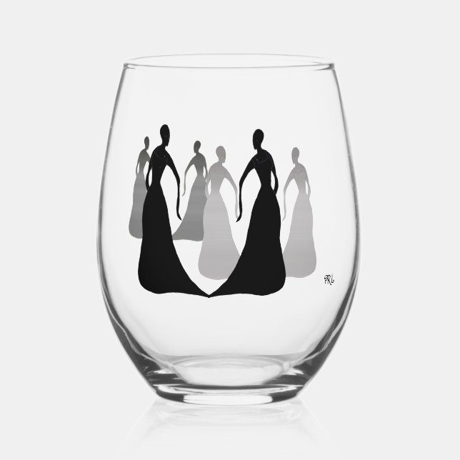 Les Femmes Black and Gray Stemless 16oz.Wine Glass (Front)
