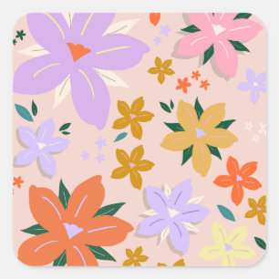 Les Fleurs 04 Retro Colorful Floral Square Sticker