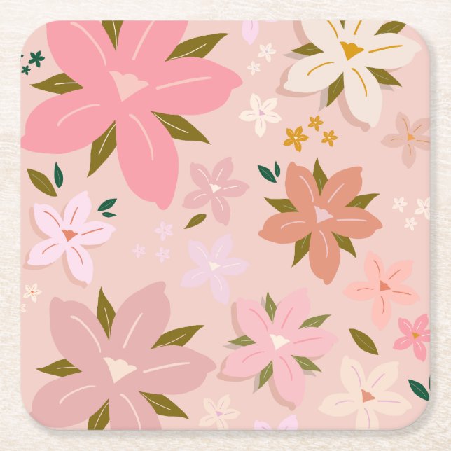 Les Fleurs 05 Floral Pattern Blush Pink Flowers Square Paper Coaster (Front)