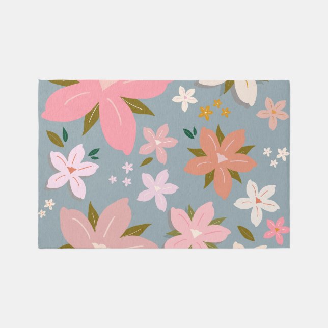Les Fleurs 06 Flower Pattern Blue And Blush Floral Rug (Front)