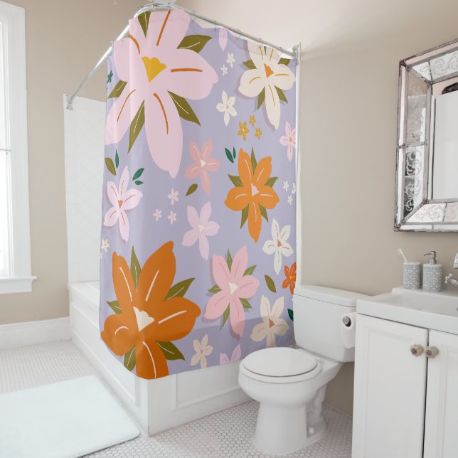 Les Fleurs 08 Retro Flowers Purple Floral Shower Curtain (In Situ)