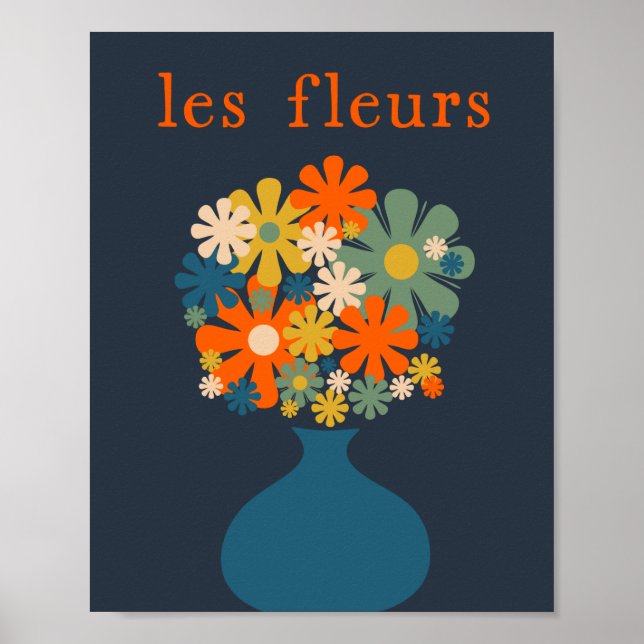 Les Fleurs Retro Flowers in Vase Blue Orange Poster (Front)