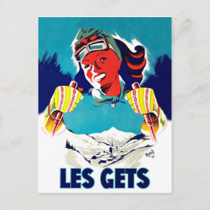 Les gets, France, winter ski sport, vintage travel Postcard