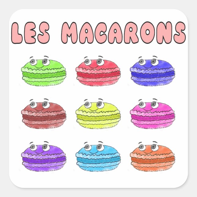 Les Macarons Cute Cartoon Square Sticker (Front)