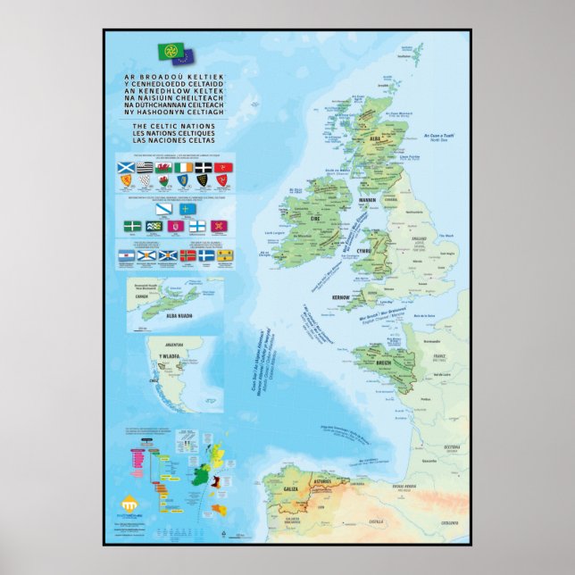 Les nations celtiques : carte, drapeaux et langues poster (Front)