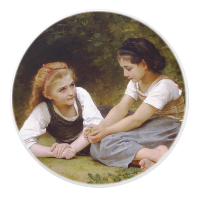 Les Noisettes: Young Girls Collecting Hazelnuts Ceramic Knob (Front)