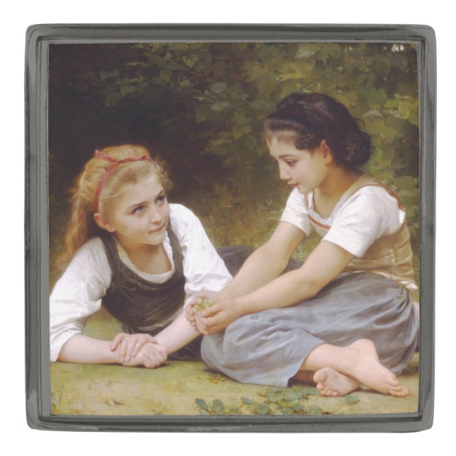 Les Noisettes: Young Girls Collecting Hazelnuts Gunmetal Finish Lapel Pin (Front)
