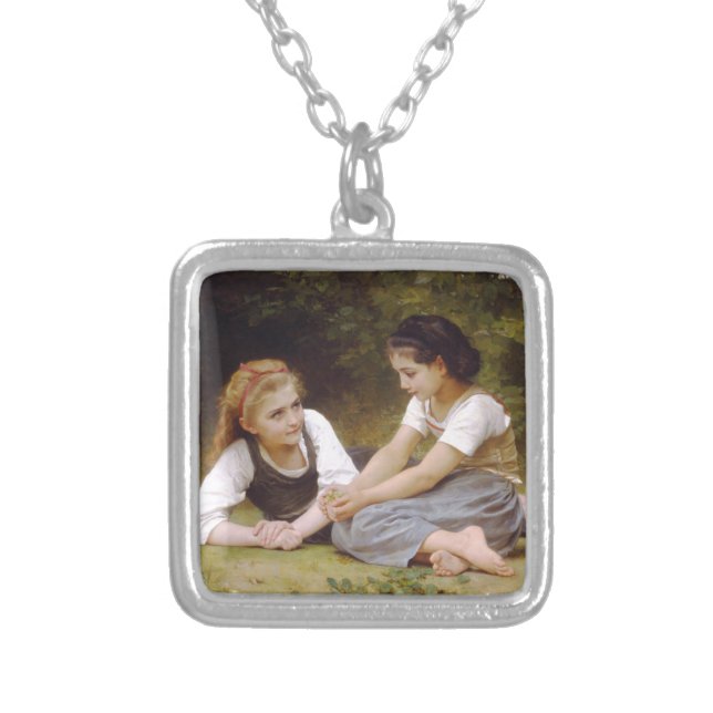 Les Noisettes: Young Girls Collecting Hazelnuts Silver Plated Necklace (Front)