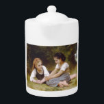 Les Noisettes: Young Girls Collecting Hazelnuts Teapot<br><div class="desc">The warm autumn sun dappled through the leaves of the hazelnut tree, casting dancing shadows on the forest floor. Two young girls, Elise and Juliette, sat beneath its branches, a small pile of golden nuts nestled amongst the fallen leaves. - Elise, the elder of the two, leaned against the rough...</div>