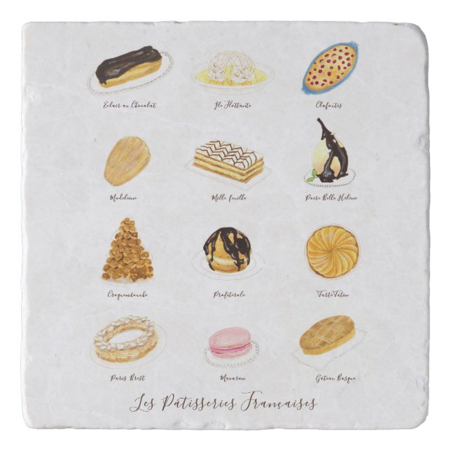 Les Pâtisserie Françaises watercolor Trivet (Front)