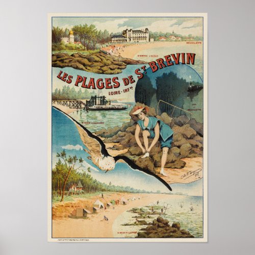 Les Plages de St Brvin France Vintage Poster 1908