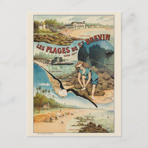 Les Plages de St Brvin France Vintage Poster 1908 Postcard
