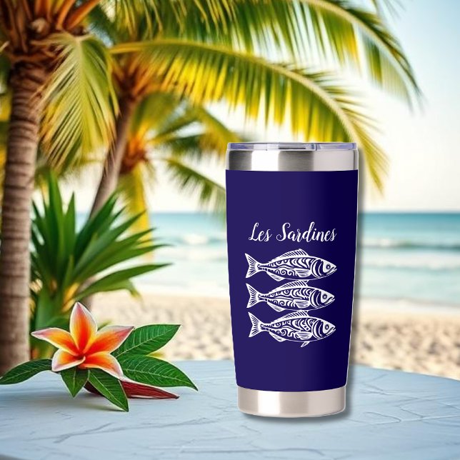 Les Sardines-Hawaiian Fisherman Core- Dark Blue Insulated Tumbler (Les Sardines- Hawaiian Tribal pattern, Fisherman Core, summer, beach, pool, party, tall tumbler blue)