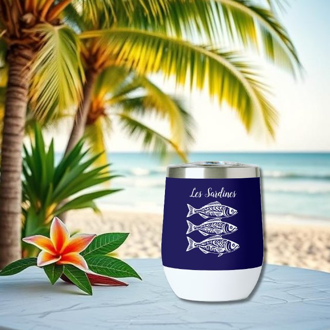 Les Sardines-Hawaiian Fisherman Core Thermal Wine Tumbler (Les Sardines- Hawaiian Tribal pattern, Fisherman Core, summer, beach, pool, party, wine tumbler blue)